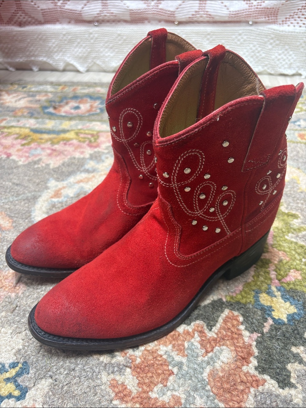 Miz Mooz Red Suede Western Ankle Boots with Stud Detail